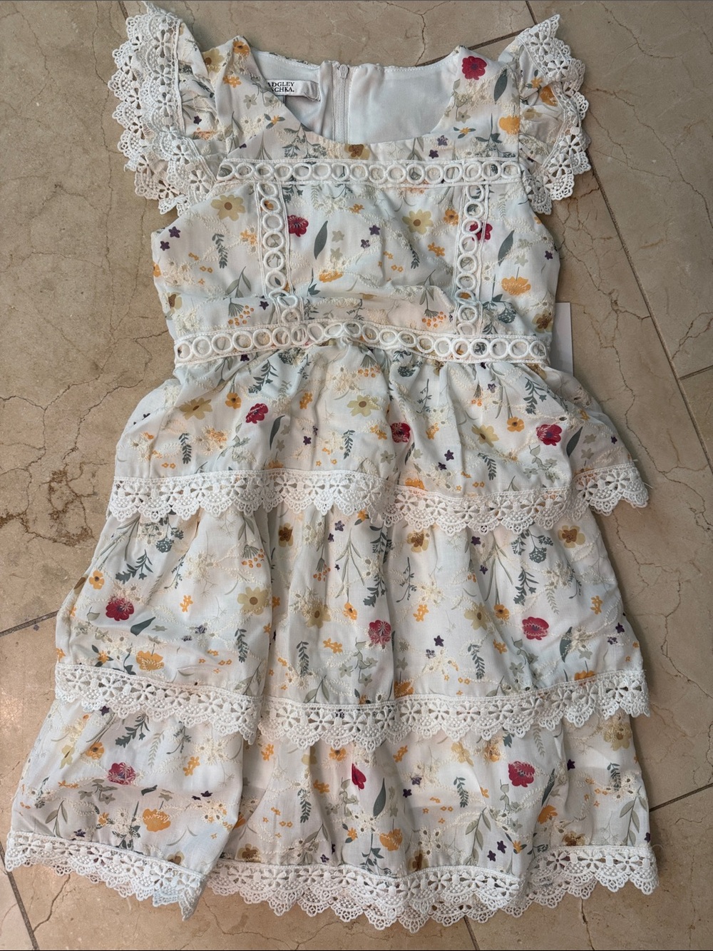 Badgley Mischka Girls White Floral Lace Tiered Dress with Multicolor Flowers